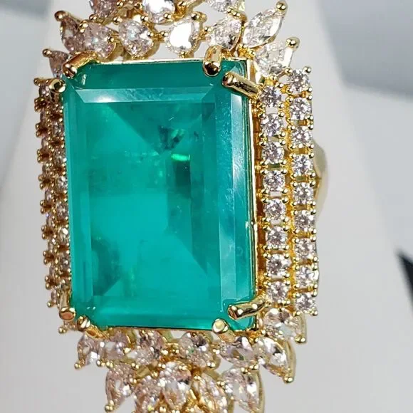 Signed Princess Doublet Natural Emerald with CZ 18KGL Size 9 Cocktail Ring - Picture 14 of 16